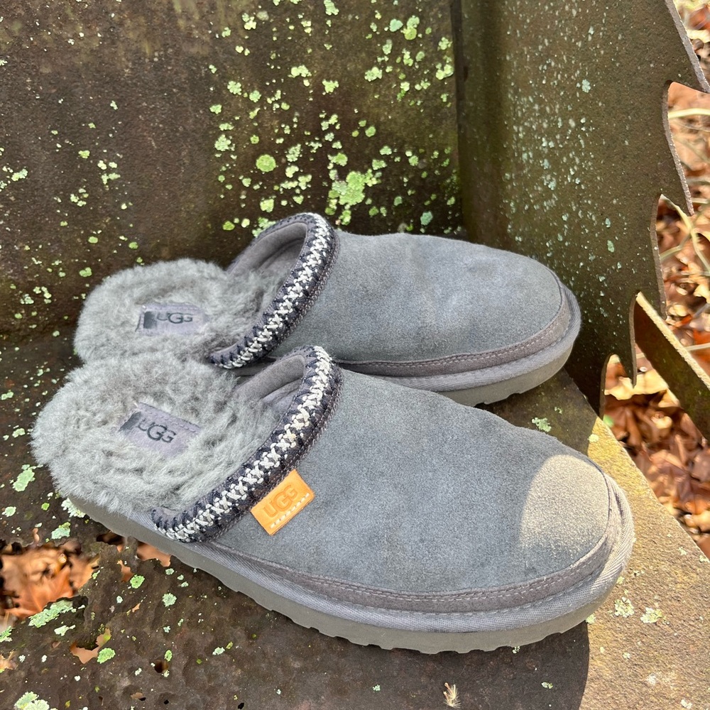 UGG Charcoal Suede Slippers with Plush Lining